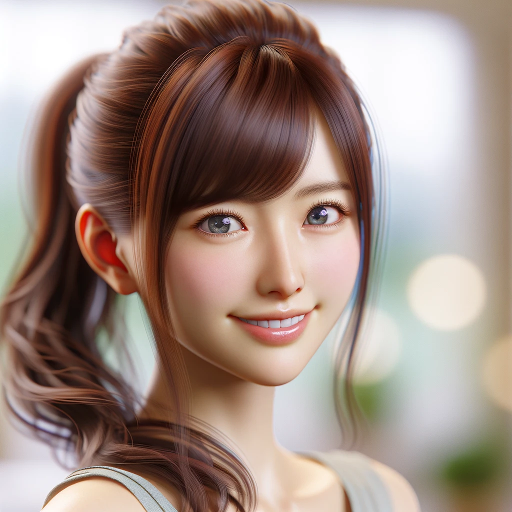 若い日本人女性の茶色の髪のポニーテール、チャーミングな表情でカジュアルな服装を着ている