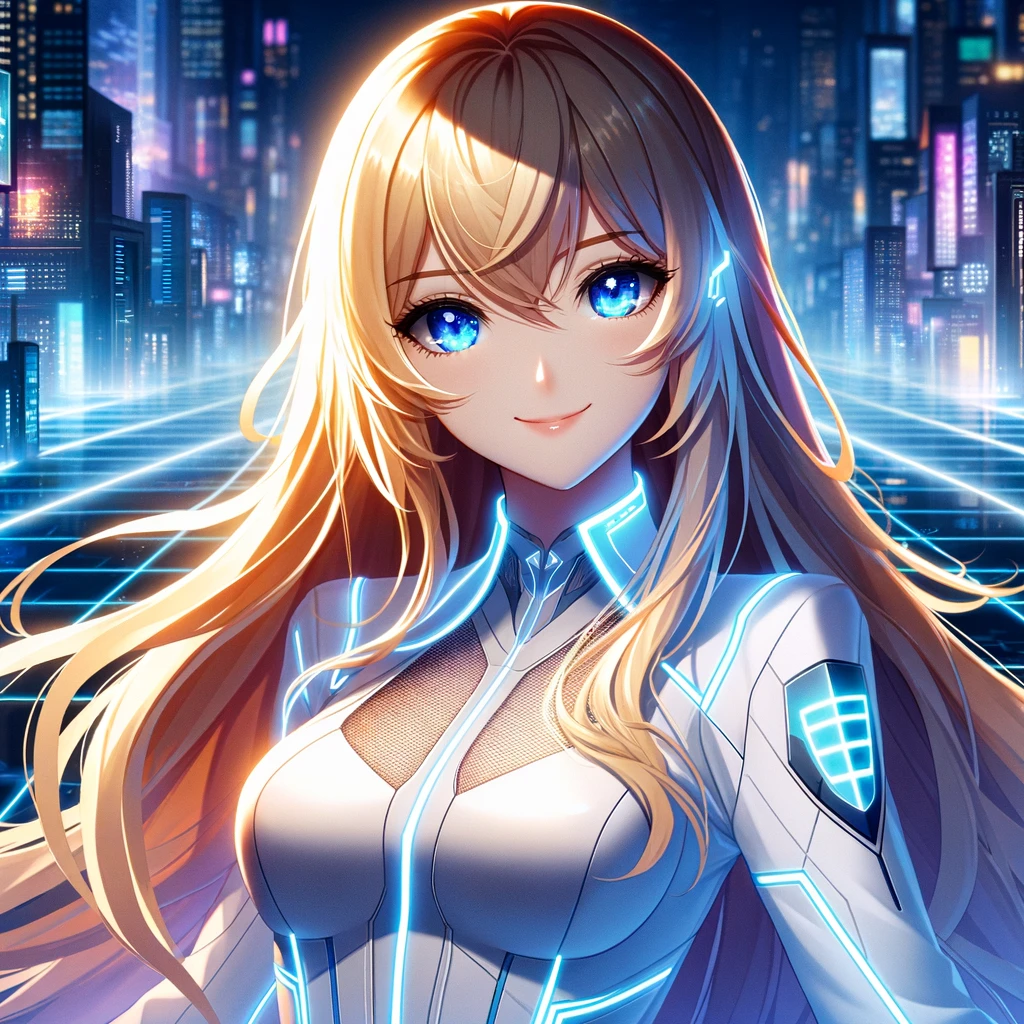 未来的な白いスーツを着た金髪の女性がデジタル都市の夜景を背に立つアニメスタイルのポートレート。彼女の長い髪と青い瞳がネオンライトに照らされ、魅力的で幻想的な雰囲気を演出している。