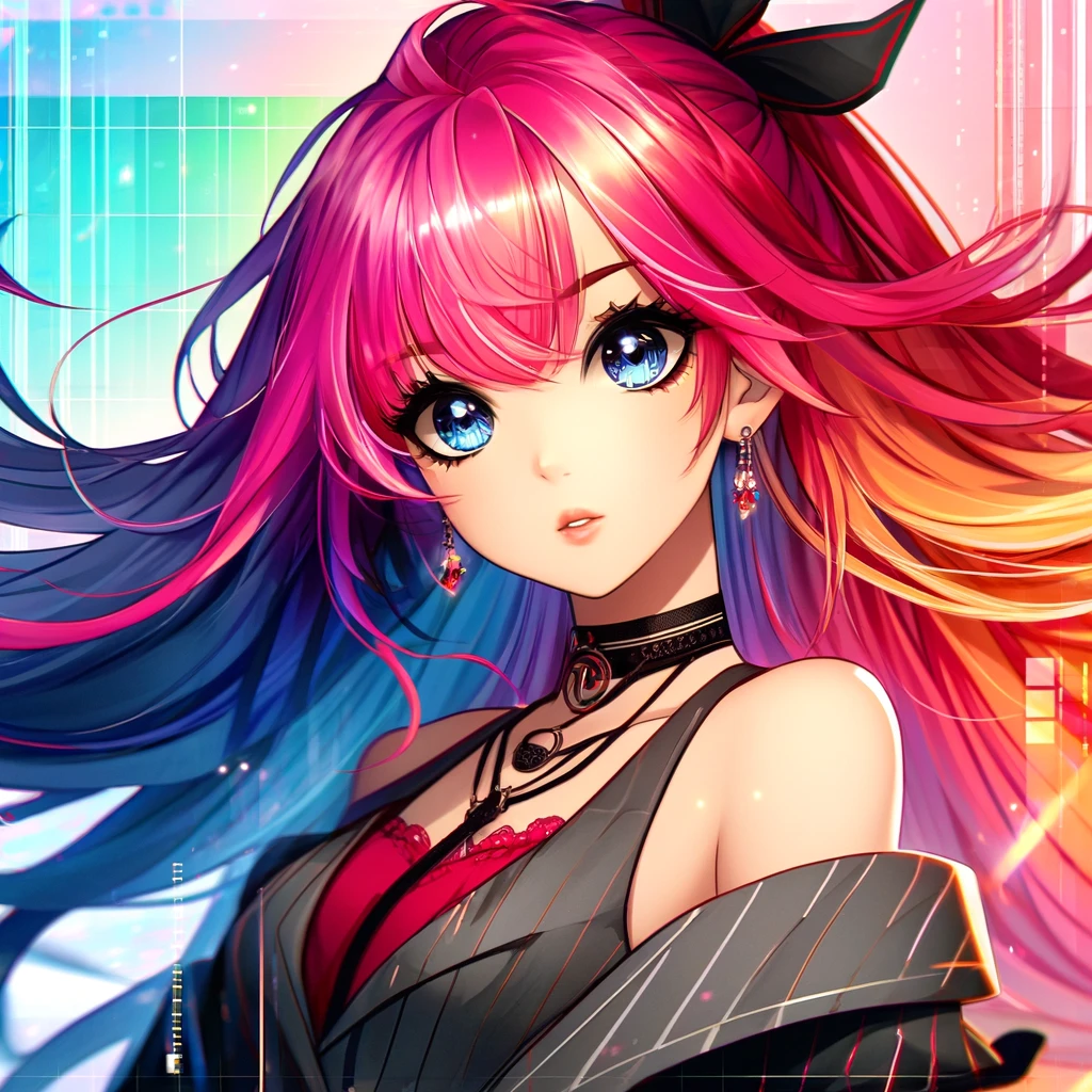 鮮やかなピンク色の髪を持つアニメ風の若い女性、大きな表現豊かな目とカラフルな背景