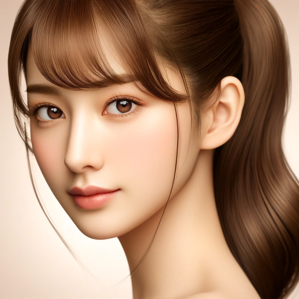 若い日本人女性のリアリスティックなポートレート、茶色のポニーテールが特徴