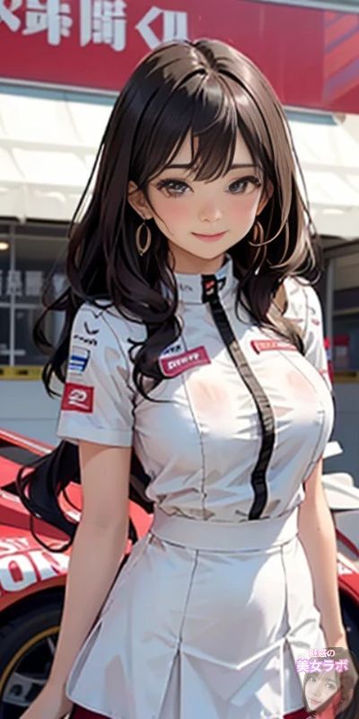 レーストラックの前で立つレーシングクイーンのアニメスタイルのポートレート。彼女は白いレーシングスーツを着用し、長い黒髪が風になびいている。その明るい笑顔と魅力的な瞳が、活動的で魅力的な雰囲気を強調している。