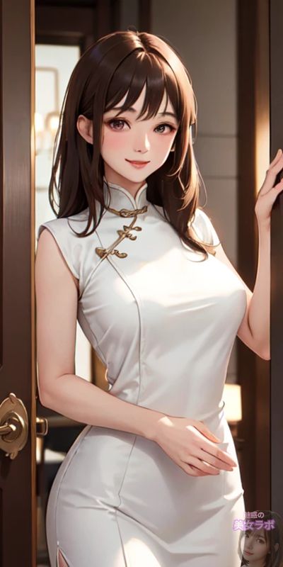 ドアを開けて微笑むアニメスタイルの美女。彼女は白いチャイナドレスを着用しており、洗練された美しさを演出している。