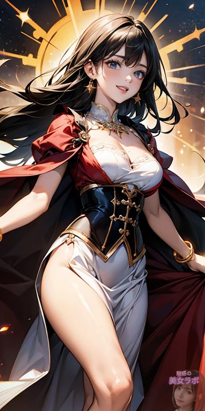 輝く日の出を背景に立つ、壮大な戦士スタイルのアニメ美女。彼女は白と黒の装甲と赤いマントを身にまとい、自信と力強さを表現している。エネルギッシュなオーラと細かい装飾が特徴的。