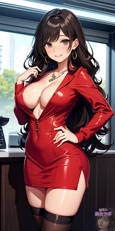 高層ビルが見える窓の前で、鮮やかな赤いドレスを着たアニメスタイルの美女が挑戦的にポーズをとっている。彼女の長い黒髪と大胆な笑顔が、彼女の自信とセクシーな魅力を強調している。