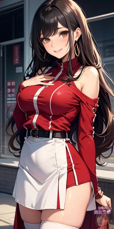 鮮やかな赤いトップスと白いスカートを着たアニメ風女性。彼女は長い黒髪を持ち、笑顔でポーズをとっており、都市の街角でくつろいでいます。