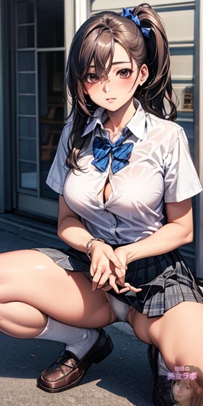 制服を着たアニメ風女性が学校の教室の外で座ってポーズをとっている。彼女の髪は濃い茶色で、大きなリボンが特徴的です。