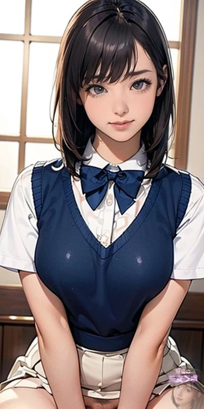 制服を着たアニメ風女性が教室の窓際で座っています。彼女はボブカットの髪型で、クリアな瞳が特徴的です。