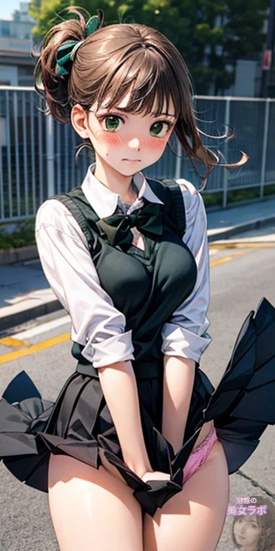アニメ風の女性が緑のリボンをつけた制服を着て、通学路でポーズをとっています。彼女の髪型はハーフアップで、表情はややはにかんでいます。