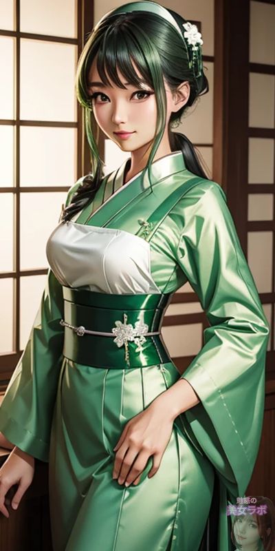 和室の障子の前に立つ、鮮やかな緑色のドレスを着たアニメスタイルの美女。彼女の緑色の髪と優雅な姿勢が、彼女の洗練された魅力と伝統的な美しさを際立たせている。