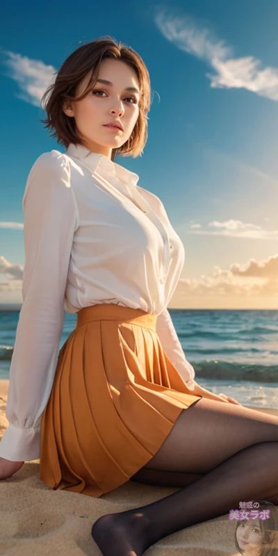海辺で白いブラウスとマスタード色のスカートを着た女性。彼女のショートヘアと真剣な表情が、夕日に照らされた穏やかな海の背景と調和しています。