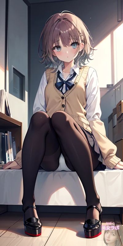 教室の窓辺で座っているアニメ風の女性。彼女はベージュのベストとダークなタイツを着用し、ショートカットの髪が特徴的です。