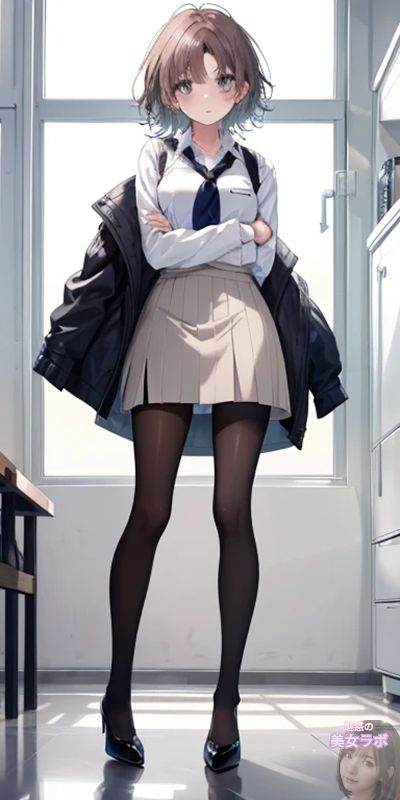 学校の廊下に立つアニメ風女性。彼女は灰色のスカートと白いシャツを着用し、黒のタイツと学生ジャケットを羽織って腕を組んでいます。