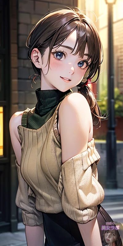 都市の街角で微笑むアニメ風の女性。彼女はオリーブ色のベストとタートルネックを着用しており、肩を落としたスタイルが特徴的です。