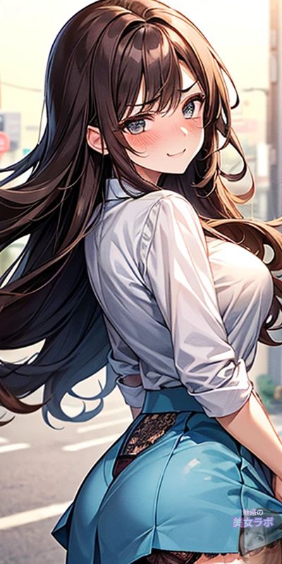 都市の背景で振り返りながら微笑むアニメ風の女性。彼女は光沢のある青いスカートと白いブラウスを着ており、長い茶色の髪が風になびいています。