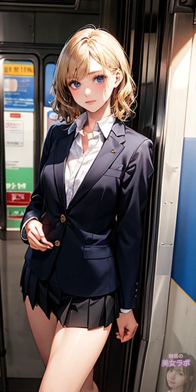 電車の中で立っている魅力的な女性。彼女はネイビーブルーのスーツとプリーツスカートを着用し、優雅なポーズをとっている。