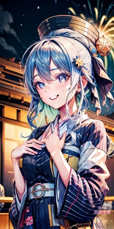 花火の夜に浴衣を着た笑顔の美女。彼女の髪は青く、和風のアクセサリーで飾られており、伝統的な日本の夏のお祭りの雰囲気を醸し出している。