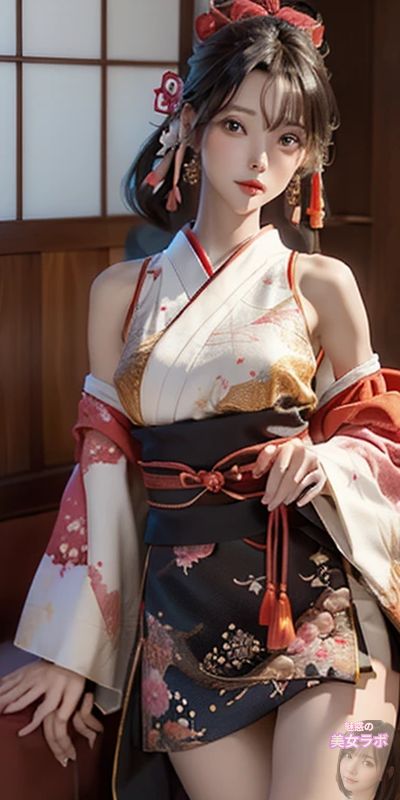 日本の伝統的な部屋で和服を着た美女。彼女は装飾的な髪飾りと複数の色と模様が特徴の和服を身に纏い、優雅な雰囲気を醸し出している。