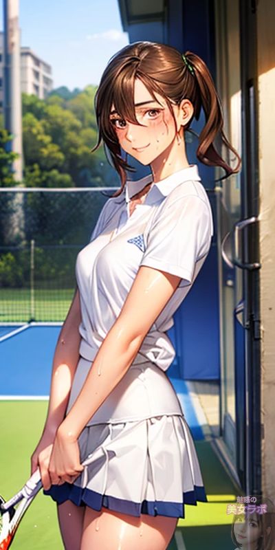 テニスクラブの入り口でラケットを持つ女性。彼女は白いテニスウェアを着用し、やさしい笑顔でカメラを見つめている。