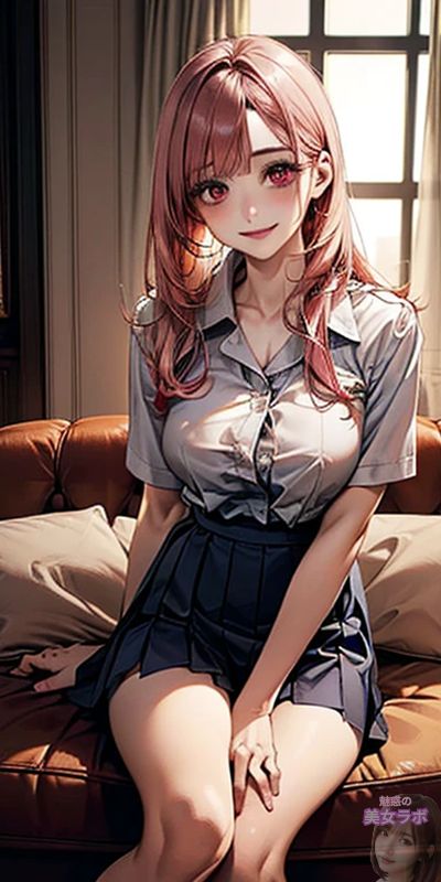 リビングルームのソファに座る魅力的な女性。彼女はグレーのシャツとネイビーブルーのスカートを着ており、優しい笑顔でこちらを見ている。