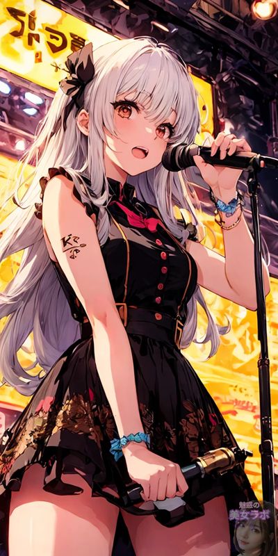 ライブステージで歌う女性シンガー。彼女は銀色の長い髪と黒いゴシックスタイルの衣装を着ており、マイクを持って情熱的に歌っている。