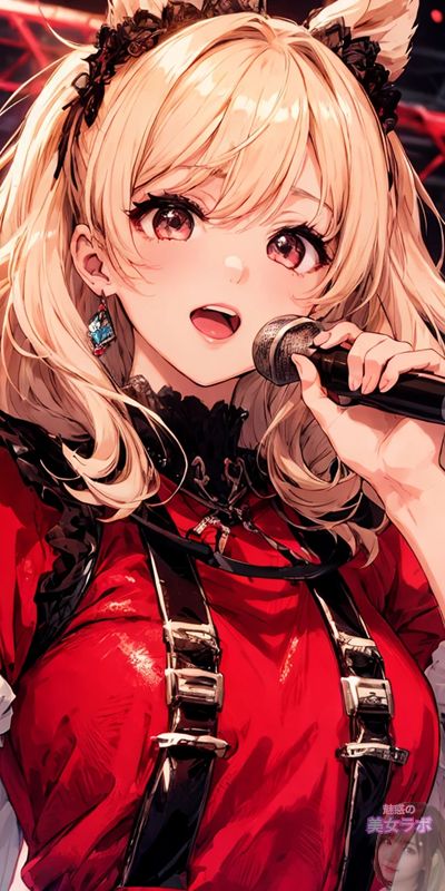 赤い衣装を着てマイクを持つアニメ風の若い女性歌手のポートレート