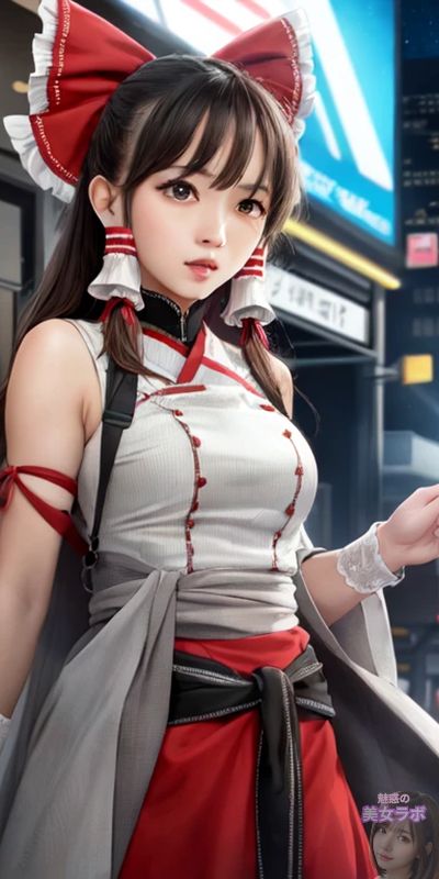 駅のプラットフォームにて、大きな赤いリボンと特徴的な衣装を身に着けた若い日本人女性のポートレート。彼女の服装は白と赤で、アニメ風のメイド服のようにデザインされており、その姿は目を引く魅力的です。