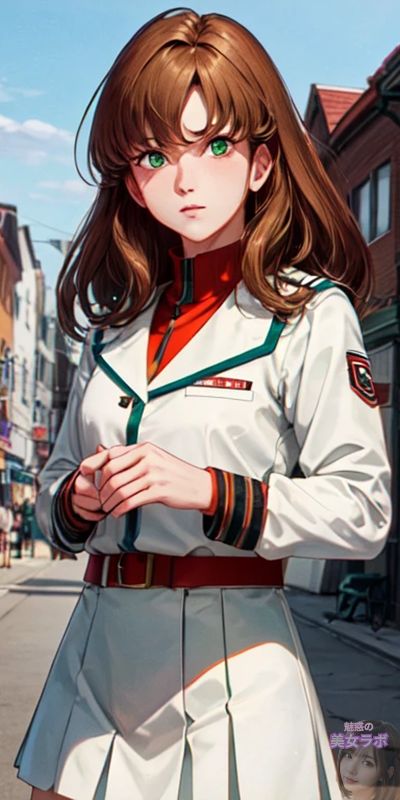明るい日中の街並みで、軍服風の制服を着た若い女性のアニメ風ポートレート。彼女の茶色のヘアと鮮やかな緑の瞳が際立ち、服の詳細なデザインが彼女のキャラクターを一層引き立てています。