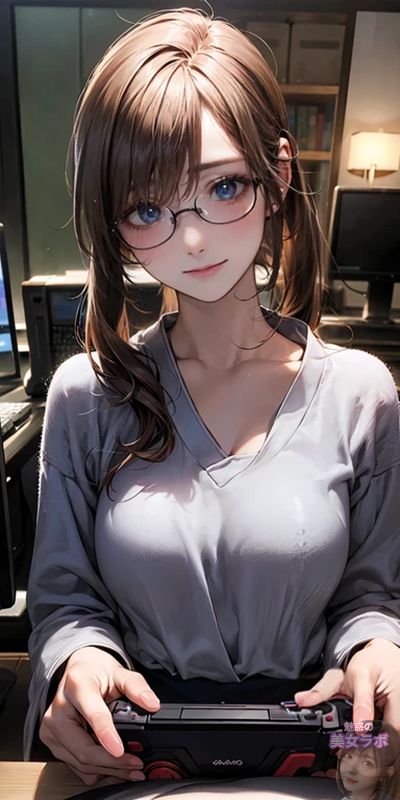 コンピューターの前でゲームコントローラーを持つ、眼鏡をかけた茶髪の若い女性のアニメ風ポートレート。彼女の集中的な表情とオフィス環境が、彼女の知的な雰囲気を強調しています。
