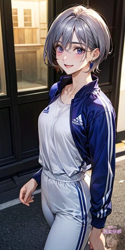 明るい日光の下、スポーティな青と白のトラックスーツを着た灰色の髪の若い女性のアニメ風ポートレート。彼女の活動的なスタイルと友好的な笑顔が健康的なライフスタイルを表現しています。
