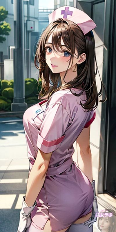 病院の入口で振り返る、看護師の制服を着た若い女性のアニメ風ポートレート。彼女の長い茶髪と青い瞳が親しみやすく、プロフェッショナルな印象を与えています。