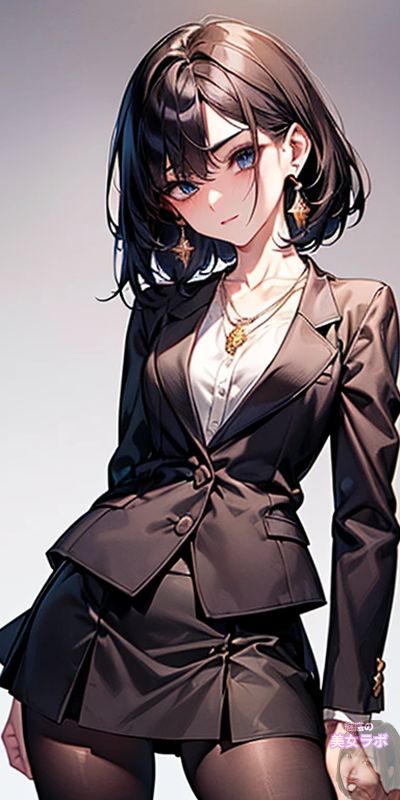 シックな黒いビジネススーツを着た若い女性のアニメ風ポートレート。彼女のショートヘアと鋭い視線が、自信溢れるプロフェッショナルな雰囲気を演出しています。