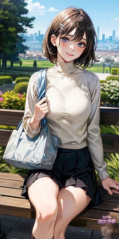 公園のベンチに座り、ショッピングバッグを持った若い女性のアニメ風ポートレート。彼女は白いタートルネックと黒いプリーツスカートを着用し、リラックスした笑顔が楽しい一日を過ごしている様子を表しています。