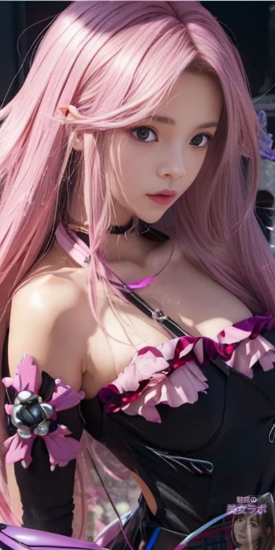 ファンタジーテーマの衣装を着たアニメ風の若い女性、長いピンク色の髪と花の装飾