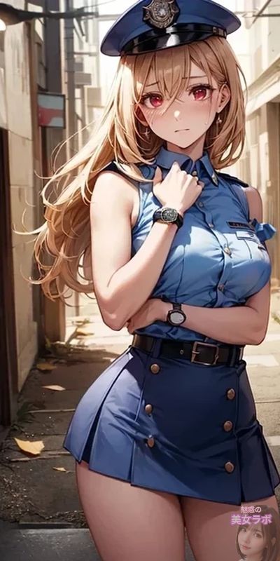 アニメ風の女性警察官、長い金髪と制服姿、自信に満ちた表情