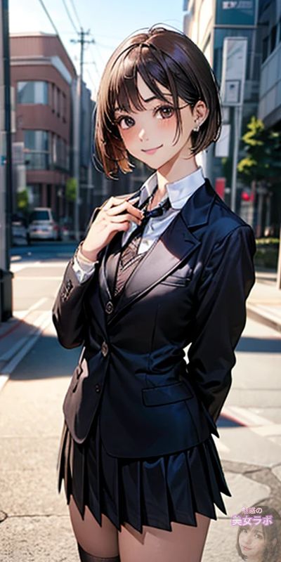 街中で黒いスーツを着たアニメ風の美少女キャラクター