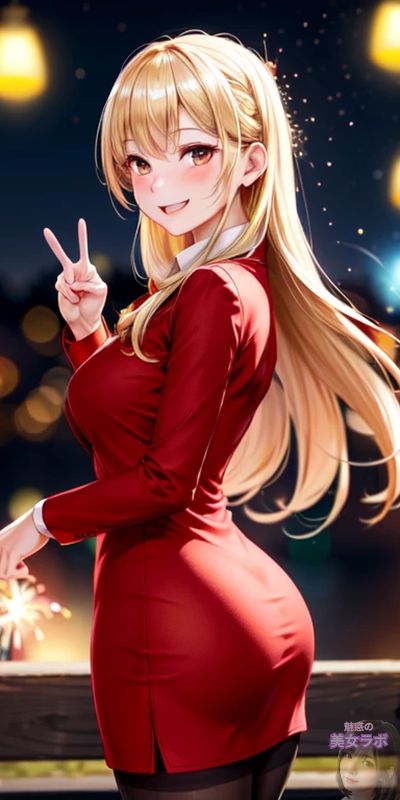 赤いドレスを着た金髪のアニメ風美少女キャラクター