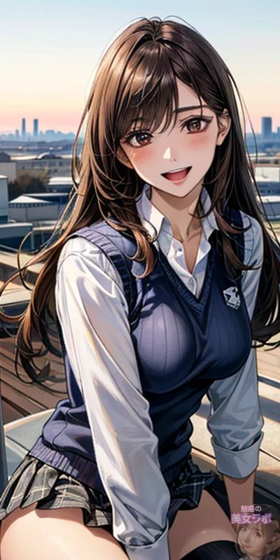 アニメ風の女性が学生服を着て屋上に座っている。長い髪と笑顔が魅力的で、背景には都市の景色が広がっている。