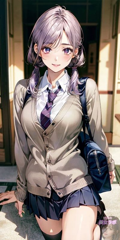 紫の髪をしたアニメ風の女性が制服を着て、カーディガンを羽織り、バッグを肩にかけている。微笑みながらこちらを見つめ、背景には学校のような建物が見える。