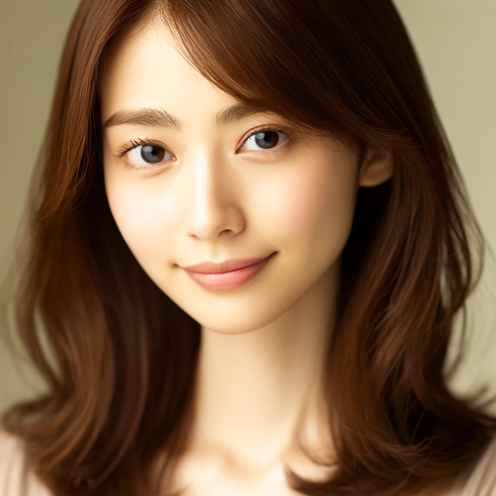 自然な表情でカメラに優しく微笑む日本人の若い女性、茶色の髪が軽やかに流れる様子