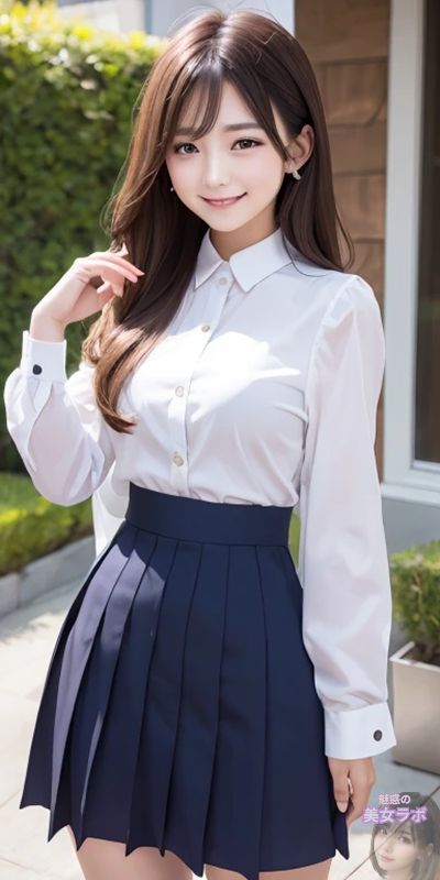 白いブラウスとネイビーブルーのプリーツスカートを着用した若いアジア系女性が、庭先でカメラに微笑みかけている。彼女の長い髪は柔らかくウェーブがかかっており、親しみやすい表情をしている。