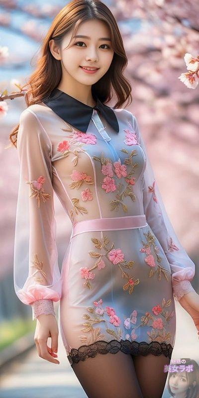 桜の花が咲く背景の前でポーズをとる若い女性。彼女は透明感のあるピンク色のドレスに刺繍された花模様が施されており、春の美しさを体現している。ドレスは軽やかでありながら洗練された印象を与え、女性の優雅さを引き立てている。