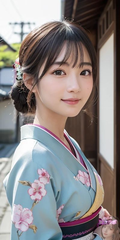 古き良き日本の町並みを背景に、桜柄が施された淡い青色の着物を着た若い女性のポートレート。彼女の表情は穏やかで、柔らかな日差しの下で自然な美しさが引き立っている。着物の繊細なデザインと彼女の清楚な魅力が、伝統的な日本文化の美しさを現代に伝えています。