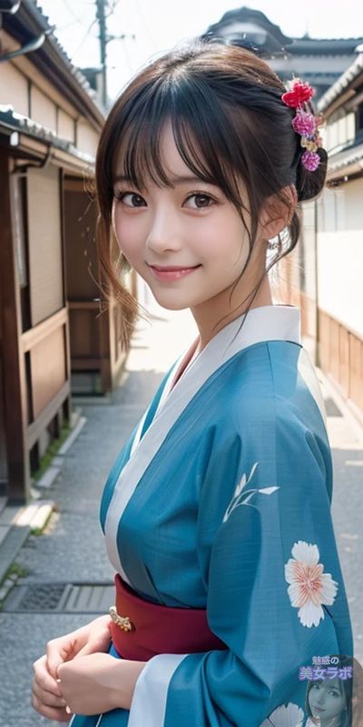 伝統的な青い着物を着たアジア人女性が、花飾りを髪につけ、古い町並みの中で微笑んでいる様子