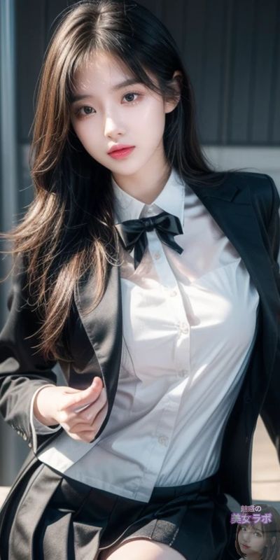 モダンなオフィスビルの前で、スタイリッシュなブラックスーツと白いシャツを着用し、大きなリボンタイをつけた若い女性のポートレート。彼女の長い黒髪が風になびき、洗練された都会的な美しさが際立っている。