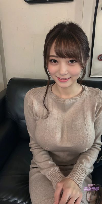 ベージュのセーターを着た若い日本人女性がソファに座ってカメラに微笑みかけている。彼女の髪は柔らかくウェーブしており、フレンドリーで親しみやすい表情をしている。