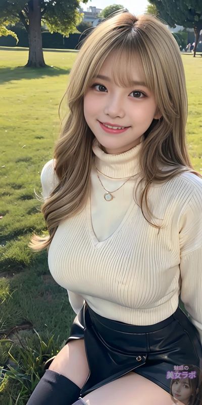 公園で青空の下、笑顔でカメラを見つめる金髪の若い女性のポートレート。彼女はクリーム色のタートルネックセーターと黒のレザーショートパンツを着用し、カジュアルながら洗練された秋のスタイルを披露している。
