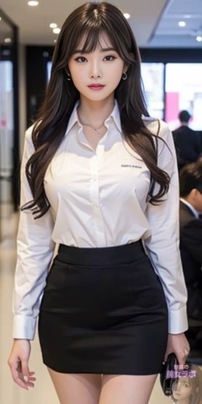 長い黒髪と白いブラウス、黒いミニスカートを着た若いアジア女性がオフィスの通路を歩いている。彼女の表情は自信に満ち、プロフェッショナルな印象を与える。