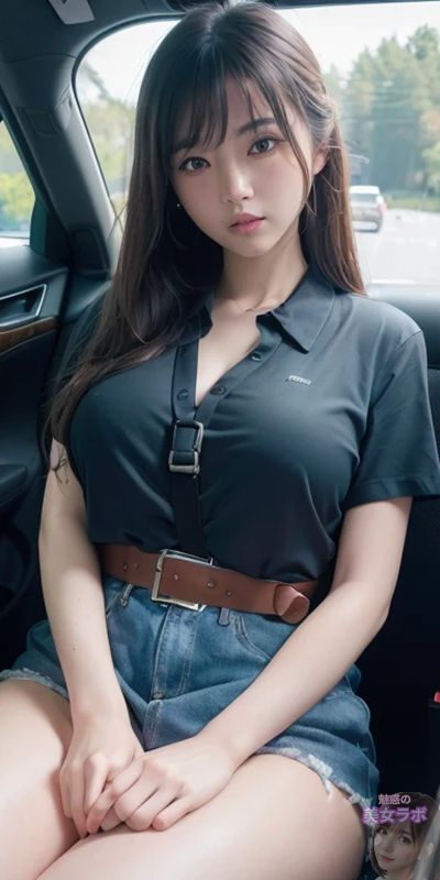 車内で座っている若いアジア女性が、灰色のポロシャツとデニムショートパンツを着用し、カメラに真剣なまなざしを向けている。彼女のスタイルはモダンで洗練されており、カジュアルながらもシックな印象を与える。