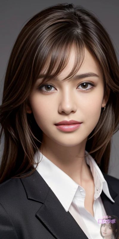 黒いスーツと白いシャツを着た若いアジア女性がカメラに向かって穏やかな表情をしている。彼女の髪は柔らかくウェーブしており、ナチュラルでプロフェッショナルな印象を与えている。