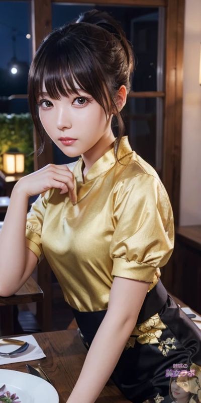 金色のシルクシャツを着た若いアジア女性がレストランに座るポートレート